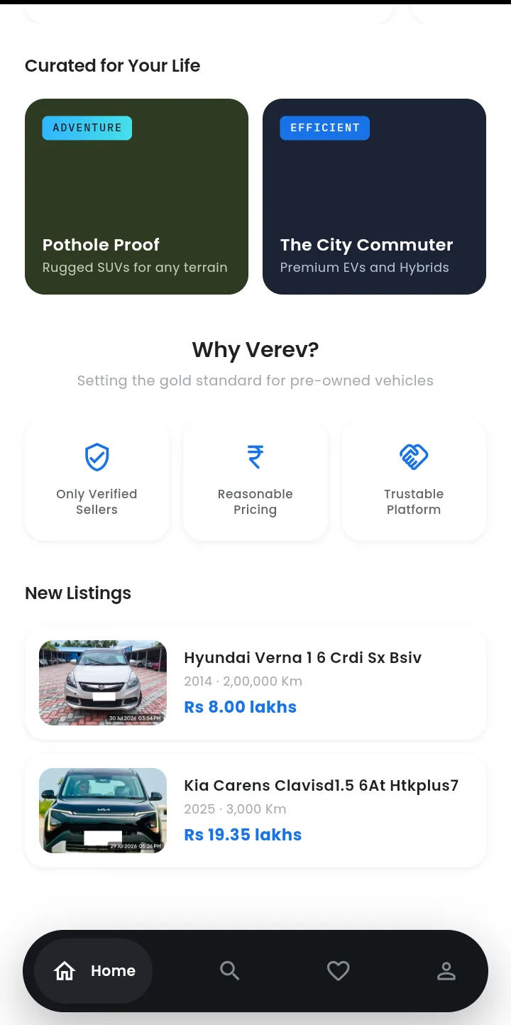 The Verev app showing verified listings